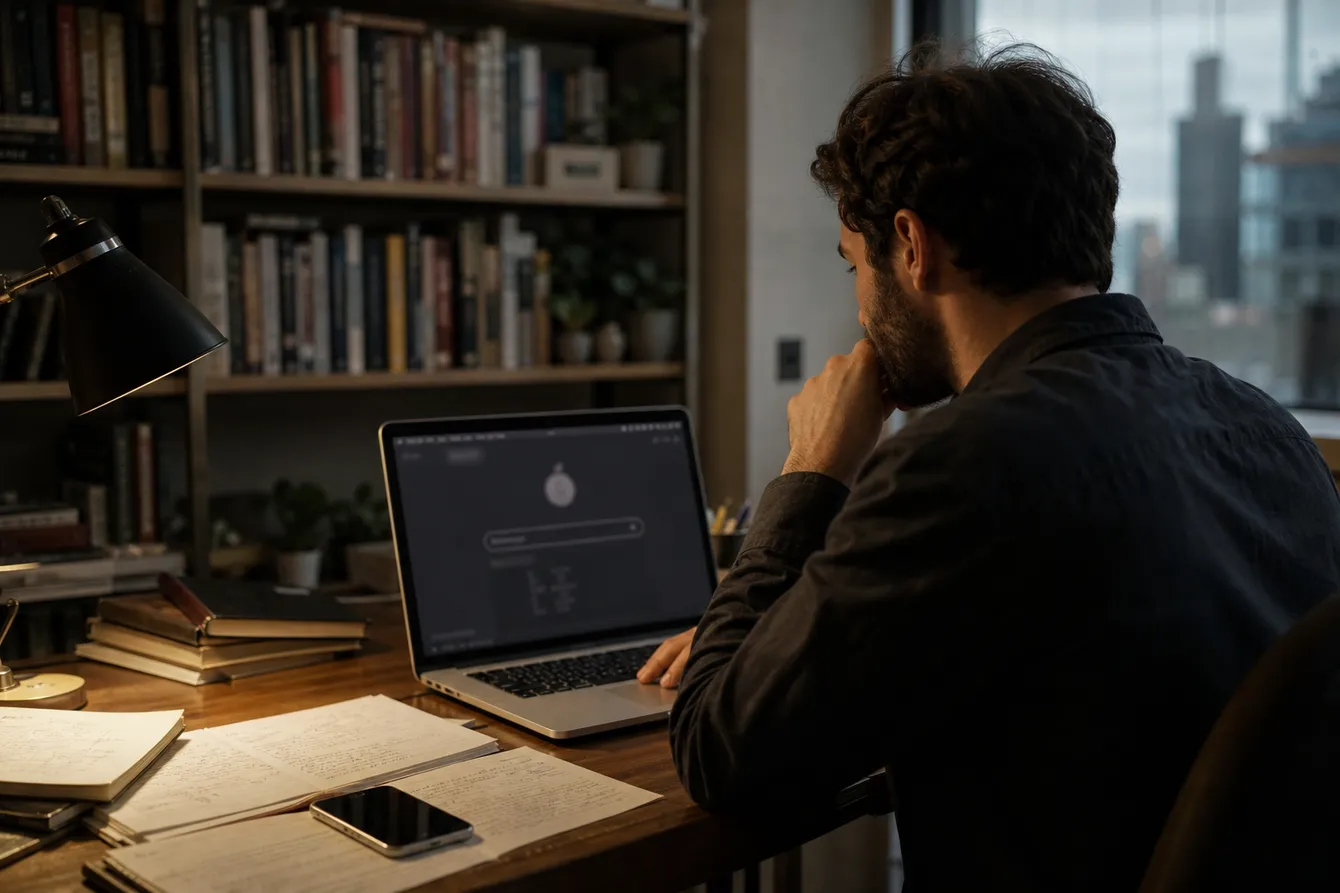 A person engaged in research on onion search engines at a desk with notes and a warm lamp.