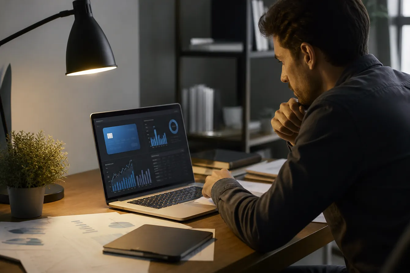 A person reviewing payment card data in a home office setting, emphasizing safety and awareness.