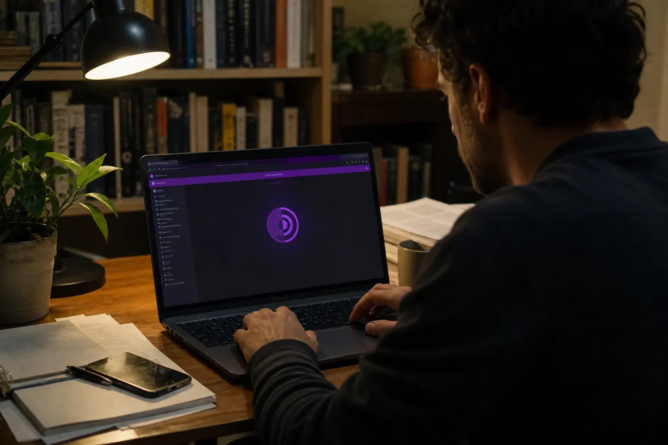 A person engaged in exploring the dark web from a home office, highlighting a safe browsing experience.