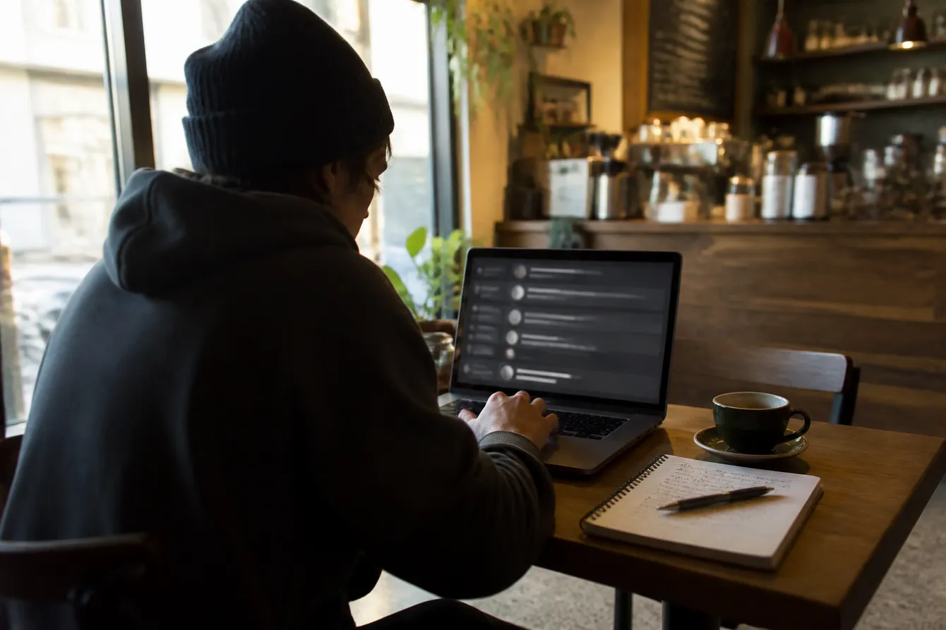 A person reviewing dark web links in a cozy café environment, showcasing safe exploration of the dark web.