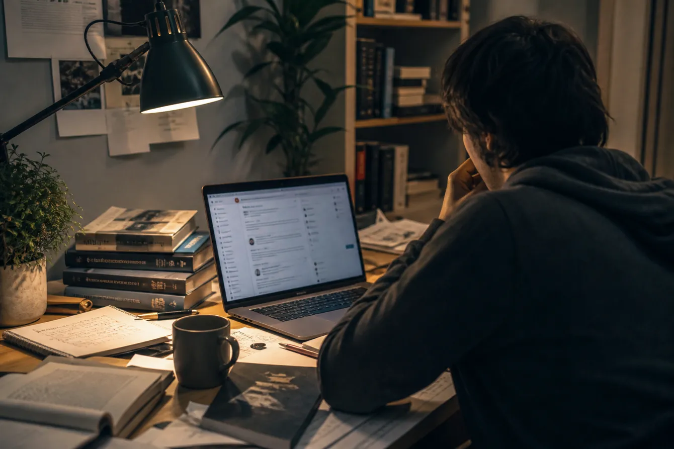 A person engaged in reading Quora discussions about dark web links in a home office setting, surrounded by research materials.