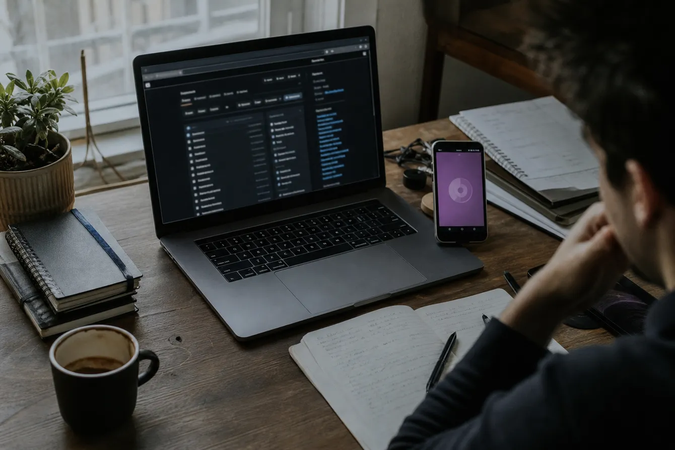 A workspace with a laptop showing dark web GitHub resources, reflecting a beginner's exploration.