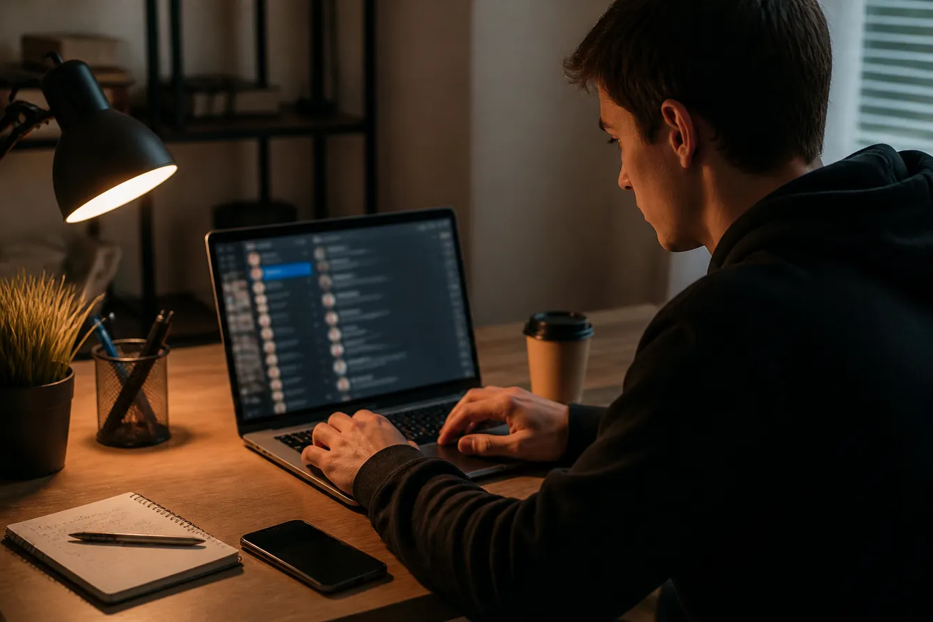 A person engaged in exploring Telegram channels for dark web communities in a cozy workspace.