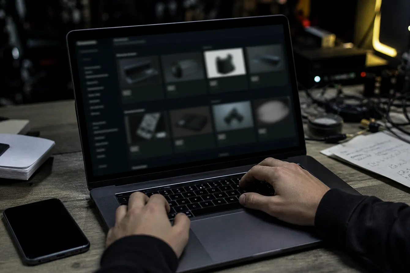 A person carefully exploring dark web marketplace listings on a laptop in a dimly lit room, highlighting the safety and risks involved.