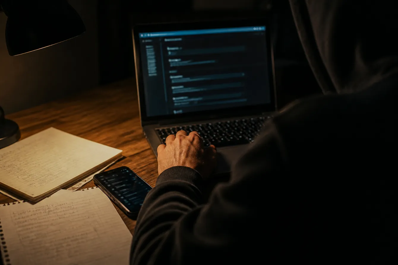 A person carefully reviewing dark web marketplace links on a laptop in a dimly lit workspace.