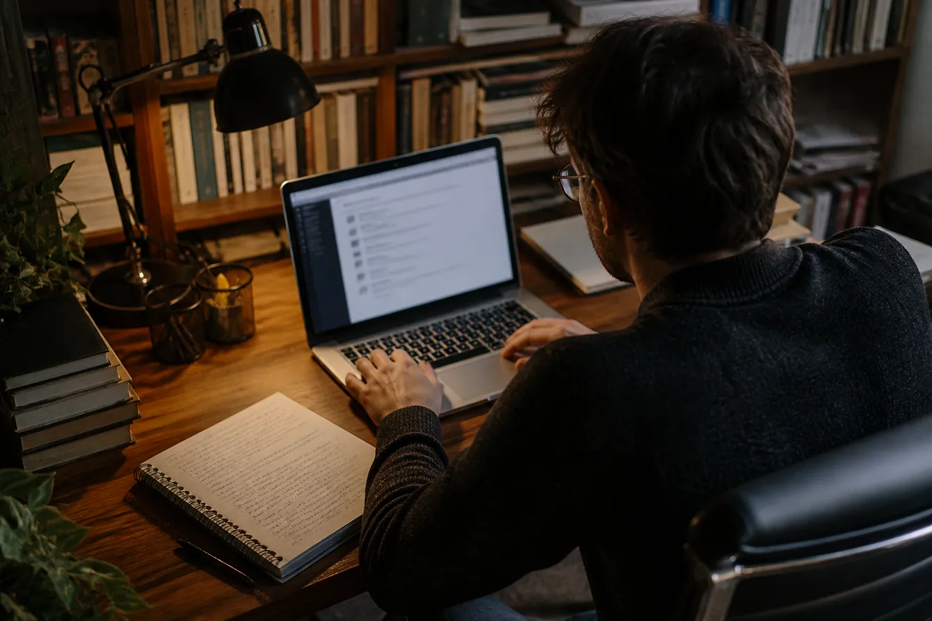 A person in a home office reviewing a list of recognized dark web sites on their laptop.