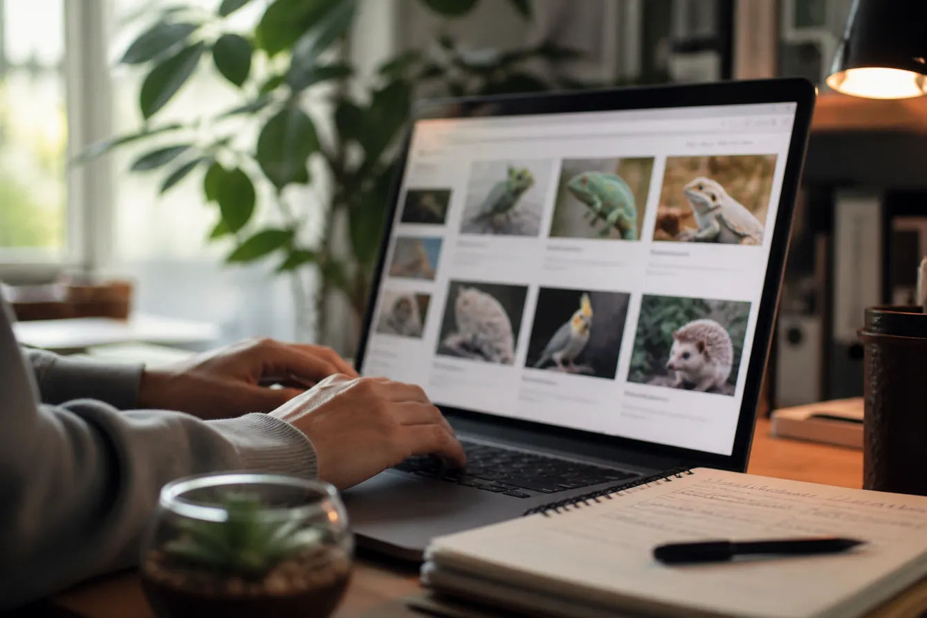 A person researching exotic pet listings on a laptop in a cozy home office setting.