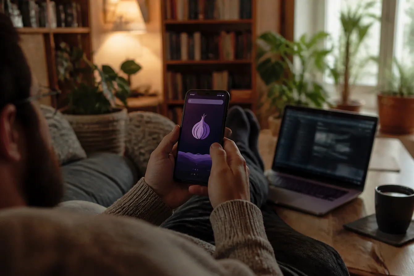 A user exploring the dark web with Onion Browser on their smartphone in a cozy living room setting.