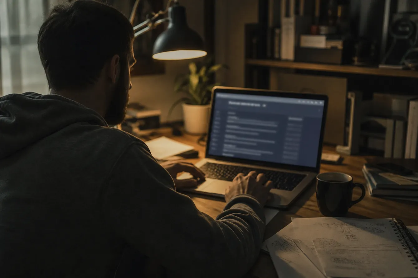 A person exploring a dark web search engine on a laptop in a cozy home office environment, surrounded by personal items.