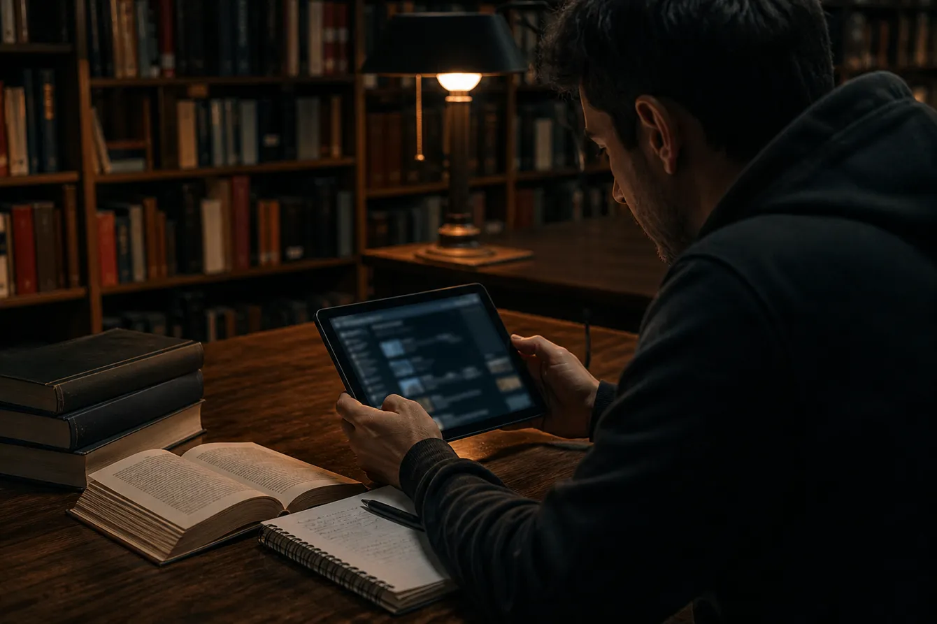 A person in a library exploring dark web tools on a tablet, surrounded by security books.