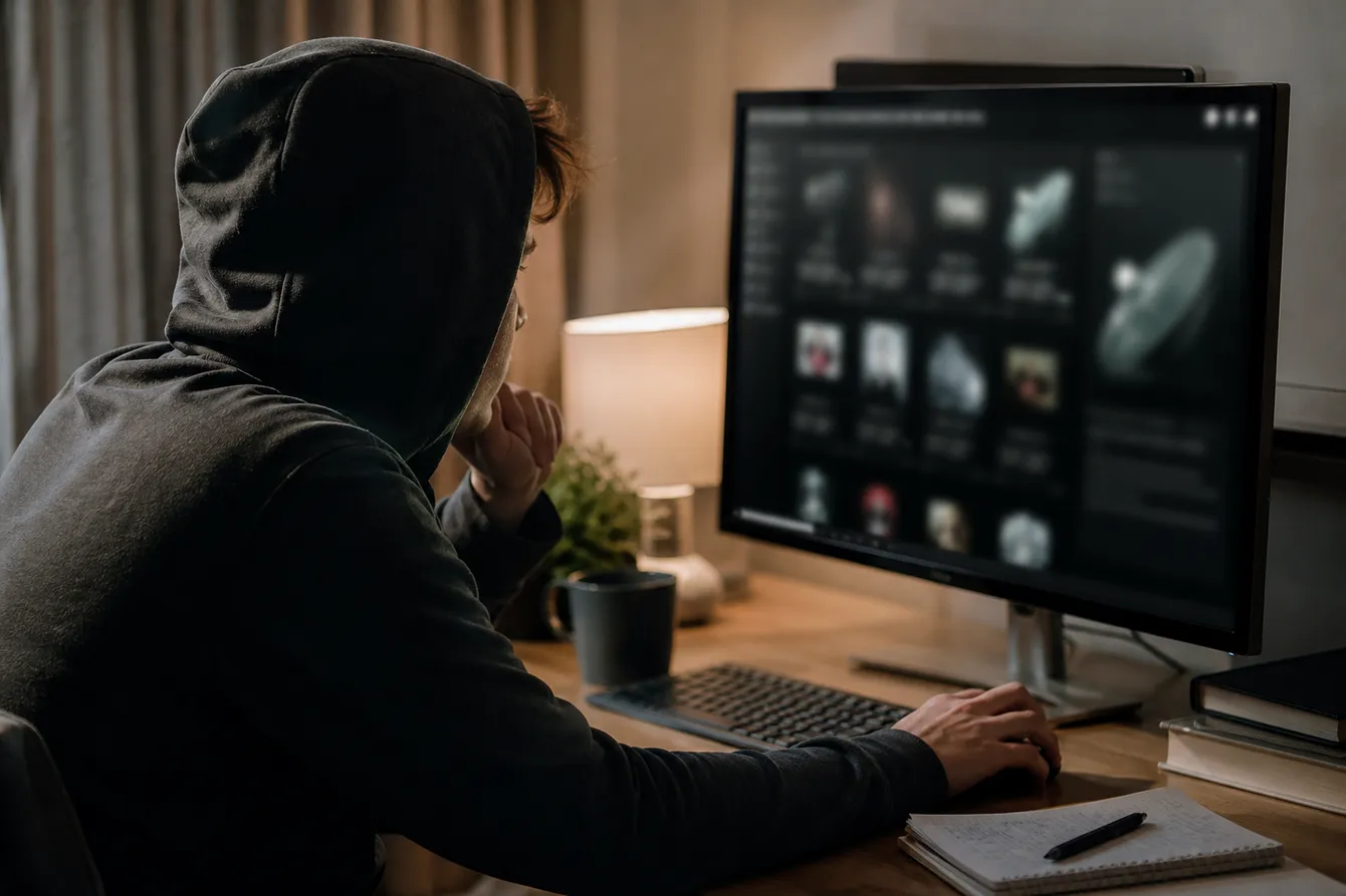 A person focused on dark web marketplace listings on a desktop, amidst research materials.
