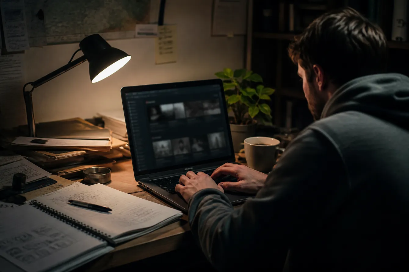 A user engaged in searching for video content on a dark web search engine at a desk.