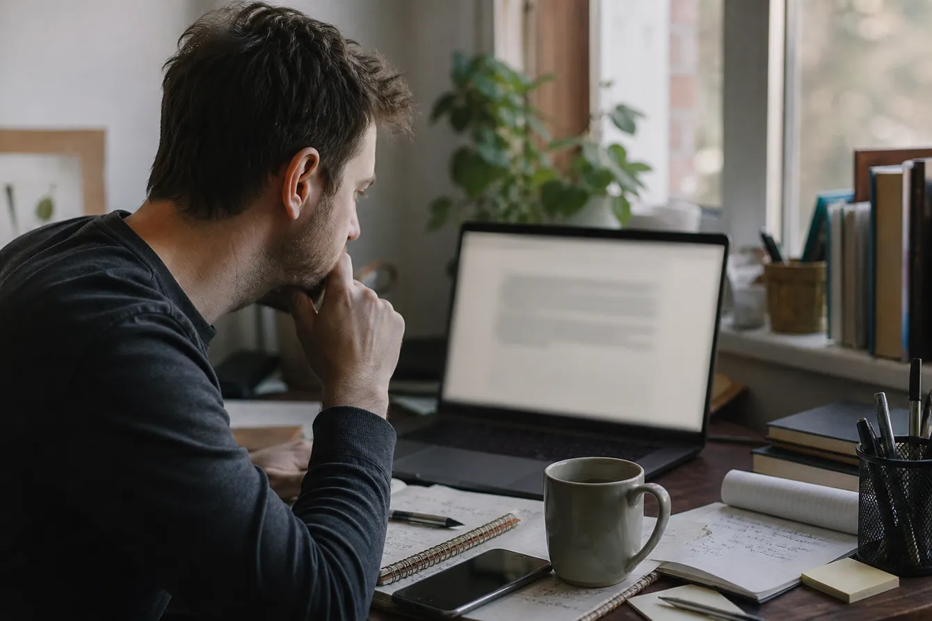 A person in a home office verifying a long onion address on their laptop, surrounded by notes and a cup of coffee.