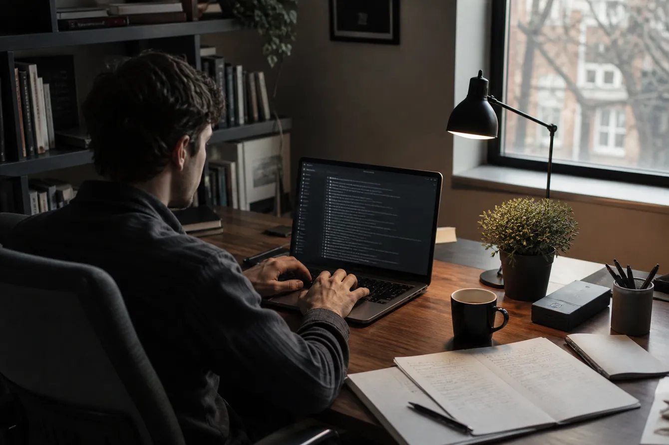 A person researching .onion websites in a home office, emphasizing safe navigation on the dark web.