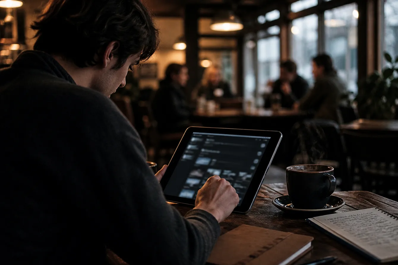 A person in a café using a tablet to find legal resources on the darknet, surrounded by notebooks and coffee.