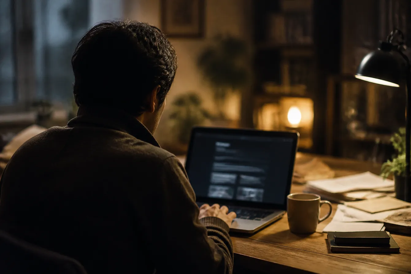 A person focused on a laptop exploring deep web search engines in a cozy, well-lit room with papers and coffee cup nearby.