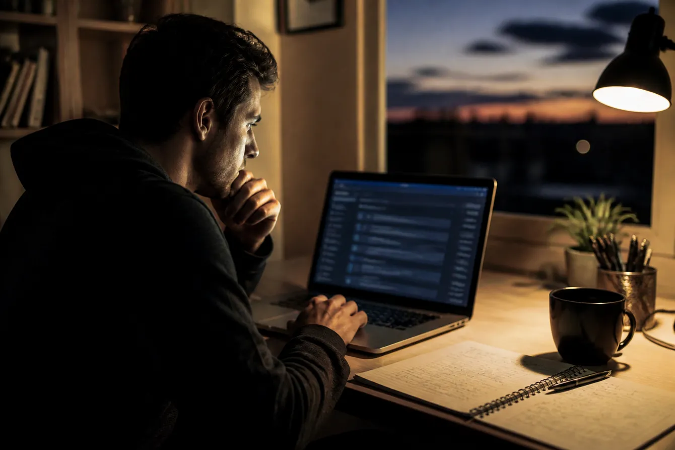 A person deeply focused on analyzing content from DeepSearch Onion, surrounded by notes and coffee.