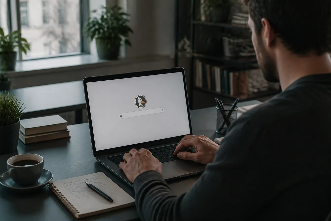 A person searching on DuckDuckGo using Tor in a contemporary office setting, emphasizing privacy and unique content.
