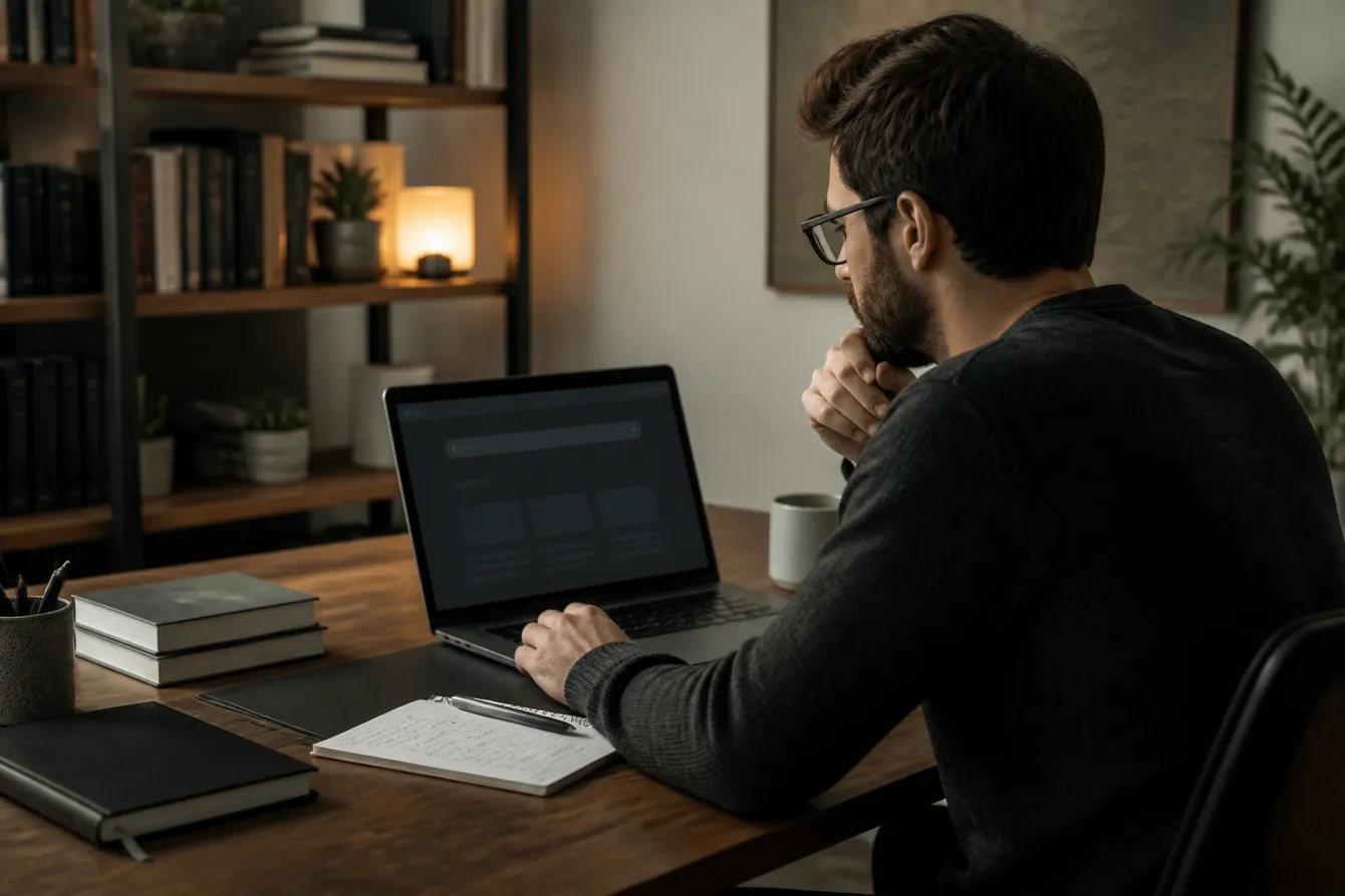 A person researching on the Not Evil search engine at a desk, emphasizing privacy and safety in dark web exploration.