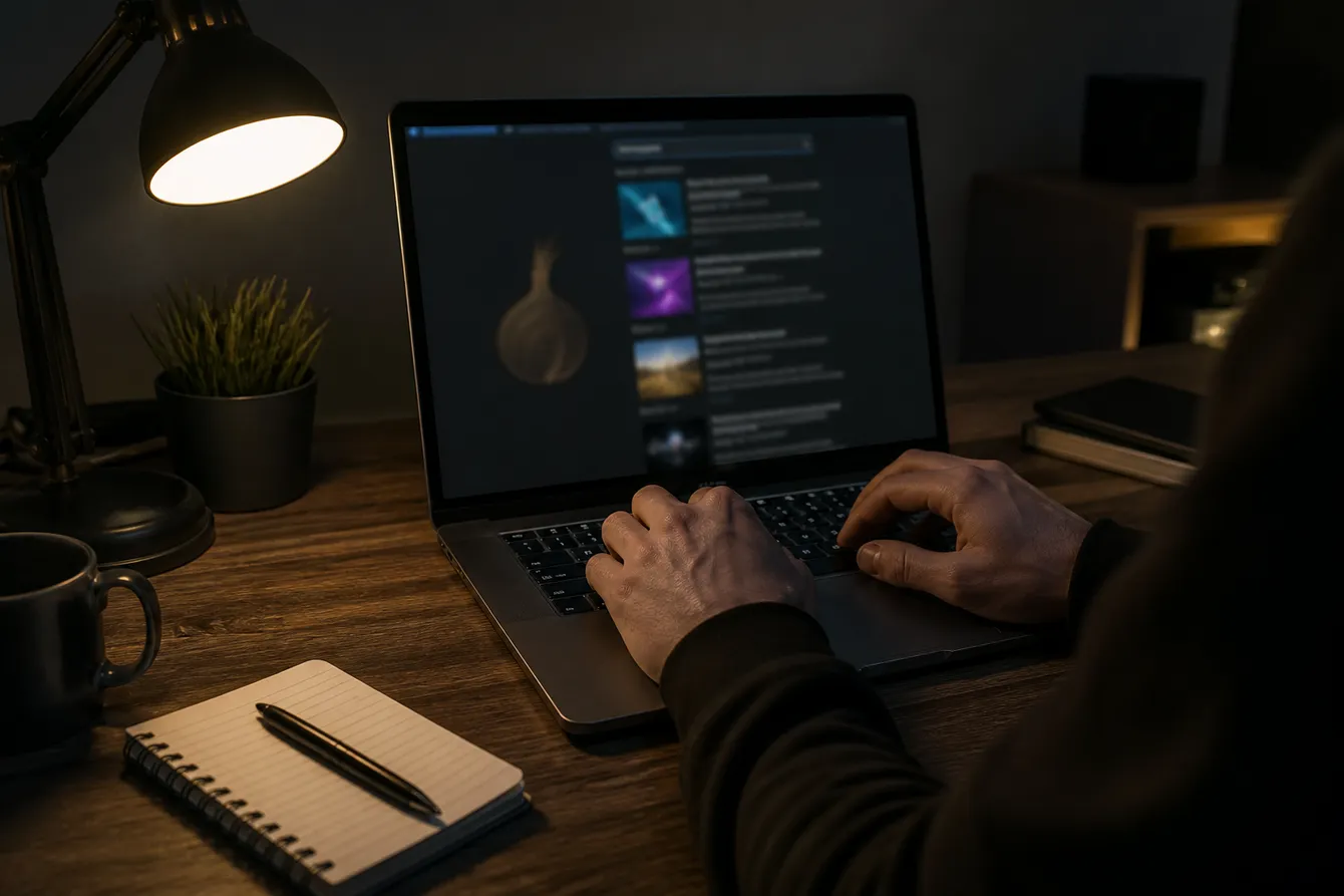 A user exploring dark web onion links on a laptop, surrounded by a dimly lit room and notepad.