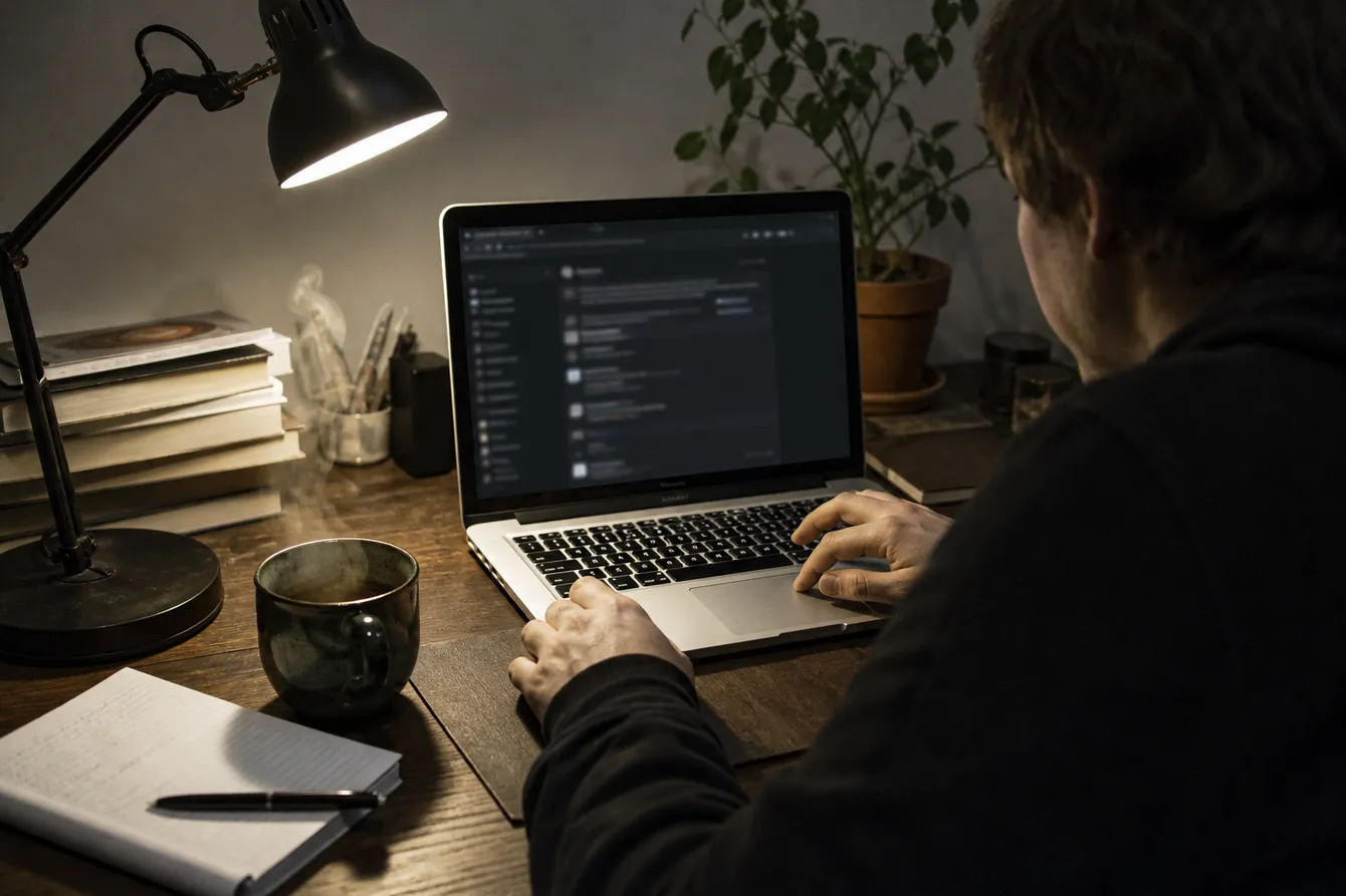 A person using a laptop to access Facebook on Tor, surrounded by books and coffee.