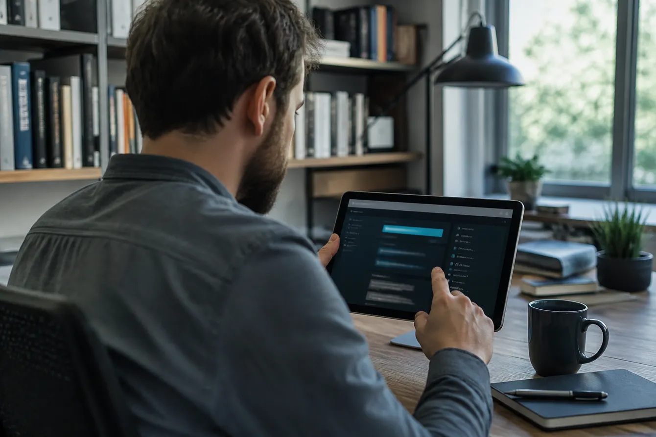 A person engaged in using Haystak to explore the dark web in their home office, surrounded by books and tech.