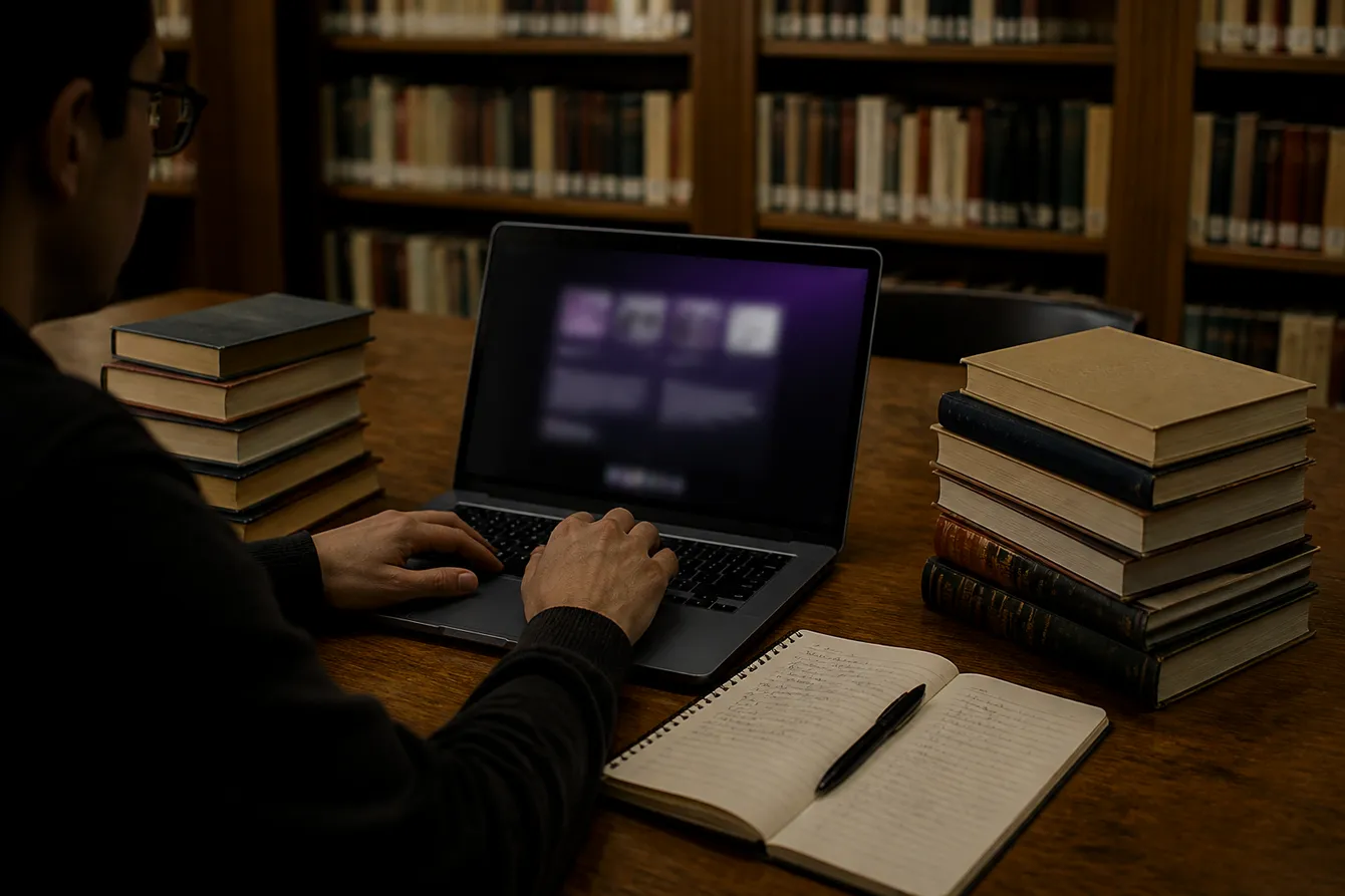 A person researching the Hidden Wiki links in a library setting, emphasizing safety and knowledge access on the dark web.