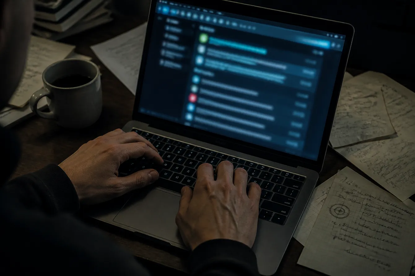 A person’s hands typing on a laptop while exploring the Hidden Wiki on the Tor network, surrounded by notes.