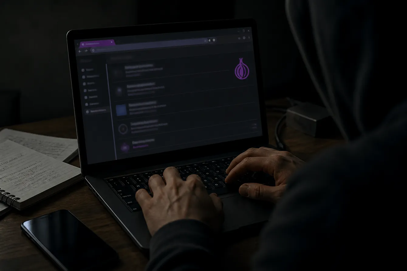 A person engaged with a laptop in a dimly lit room, exploring .onion links as part of darknet research.