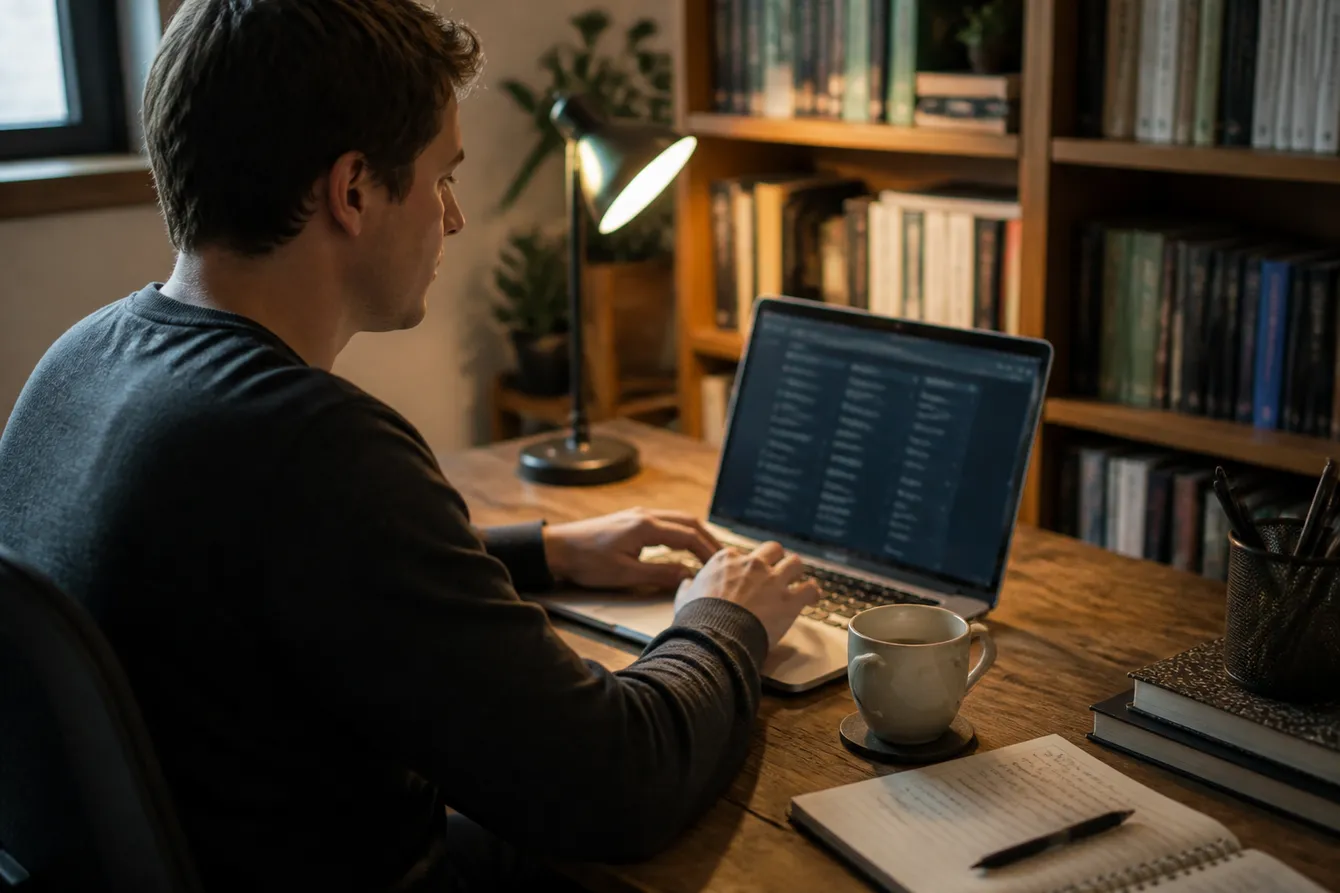 A person reviewing a Tor site list on a laptop in a cozy home office, emphasizing a safe exploration of the dark web.