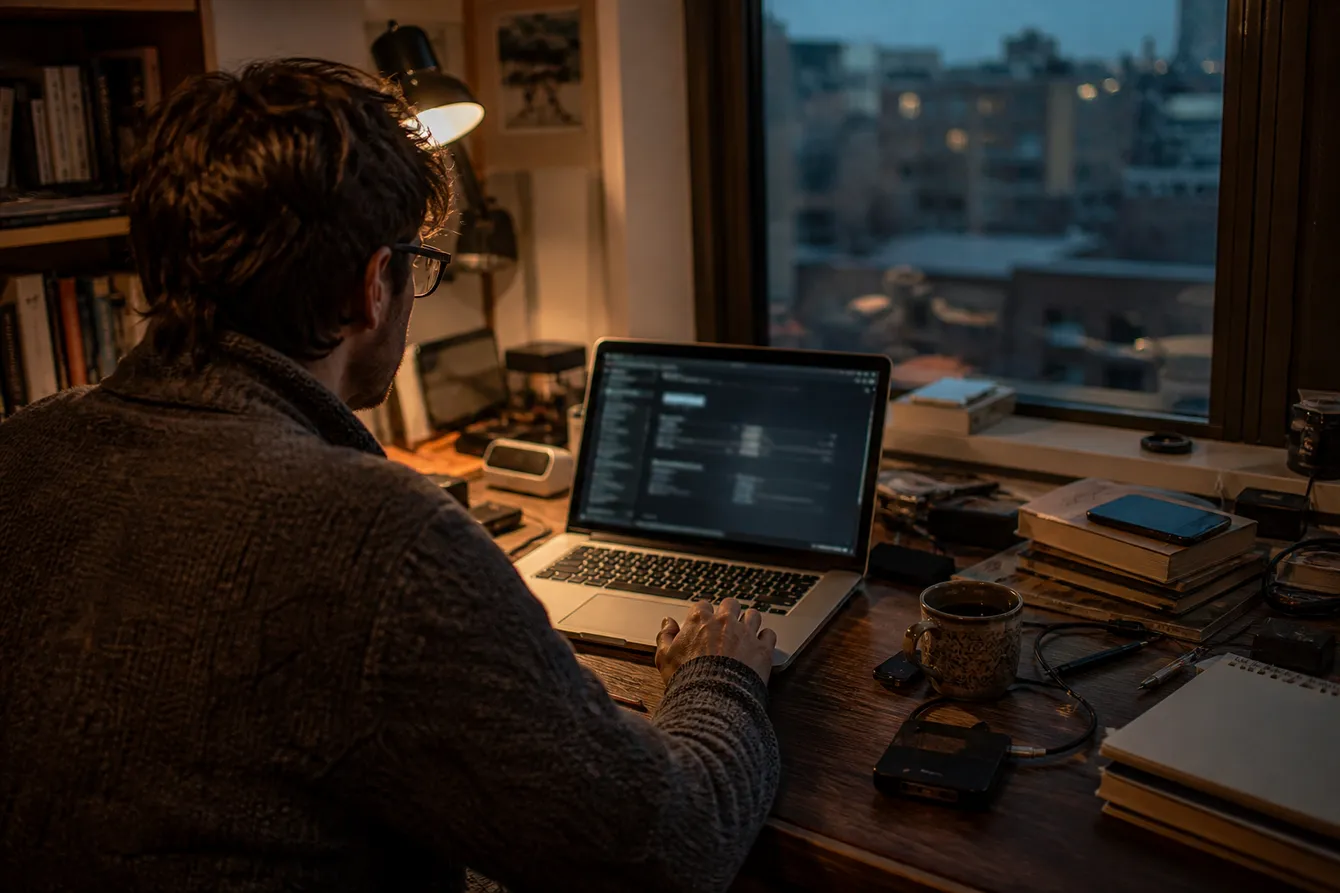 A person explores a dark web directory on their laptop in a cozy apartment setting.