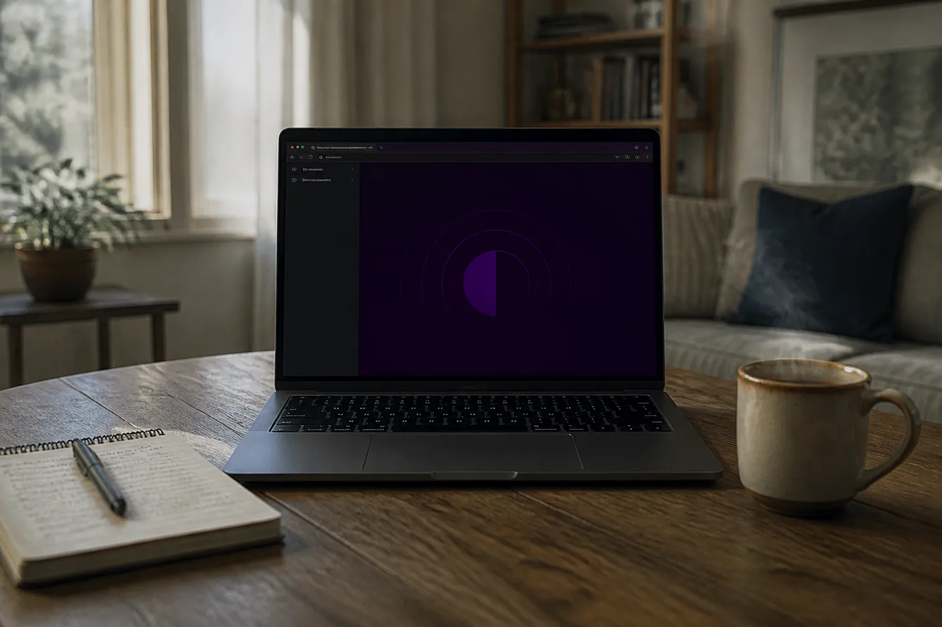 A person safely browsing adult content using Tor Browser in a cozy living room setting.