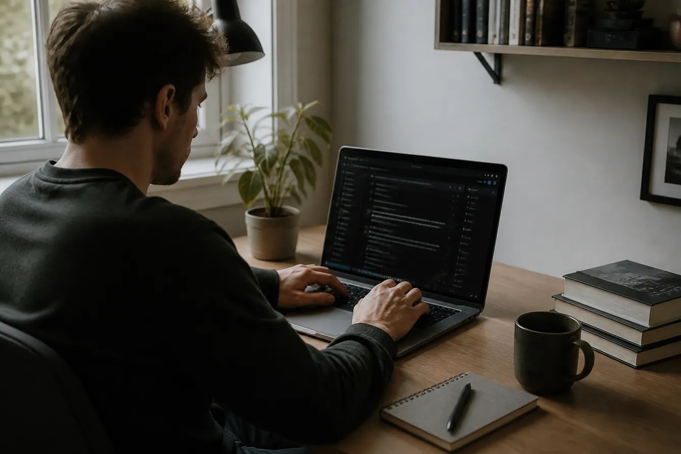 A person exploring a GitHub repository for onion links on their laptop in a cozy workspace.