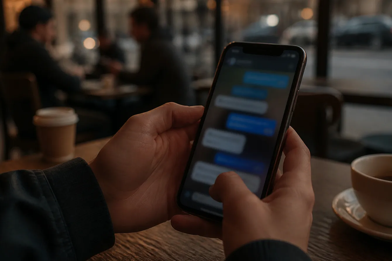 A person interacting with Telegram to access .onion links in a café setting, illustrating the article's focus.