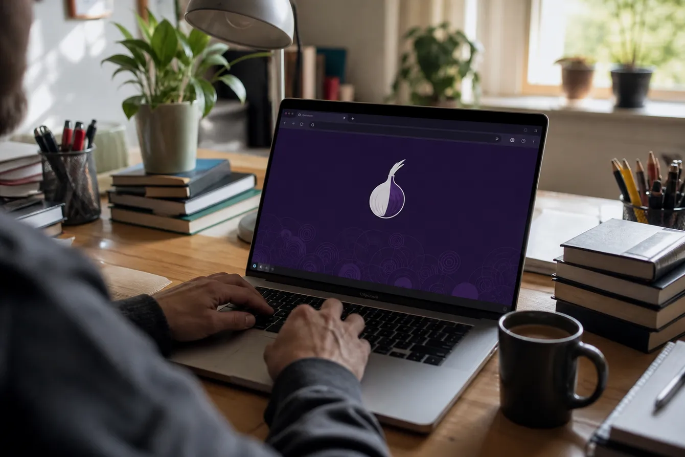 A person browsing onion sites on a laptop in a cozy home office filled with books and stationery.