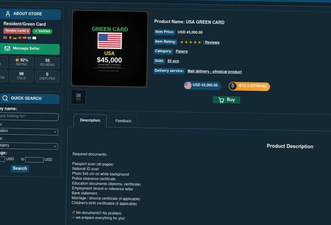 A listing offers a US green card for $45,000