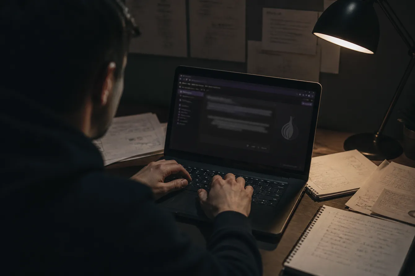 A person engaged in safe browsing on a laptop in a cozy, dimly lit room, exploring onion websites.