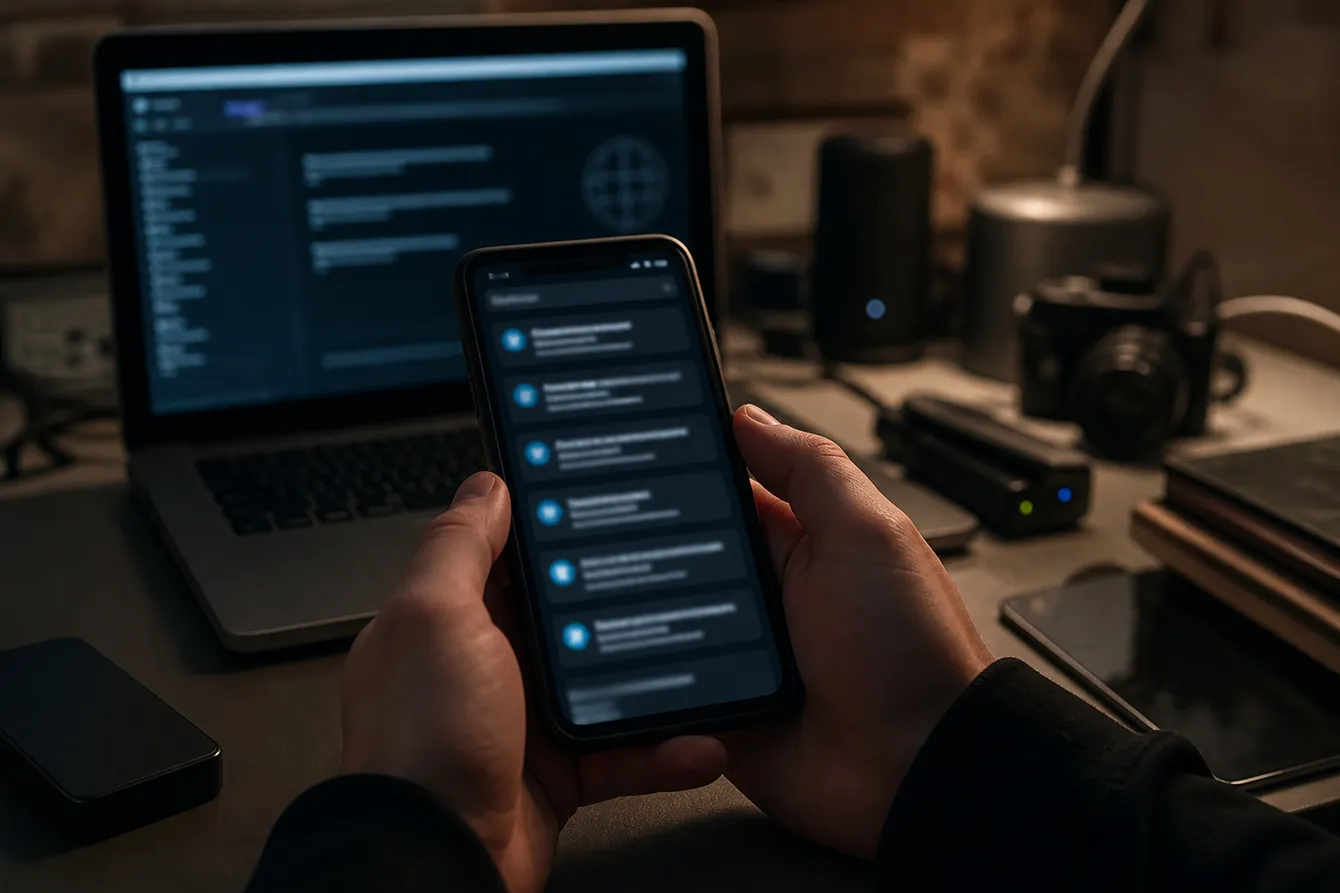 A person using a smartphone to explore a list of Onion v3 resources in a dimly lit room.