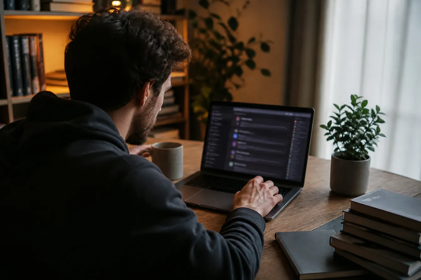 A person engaged in exploring curated Tor topic links on a laptop in a cozy home office environment.