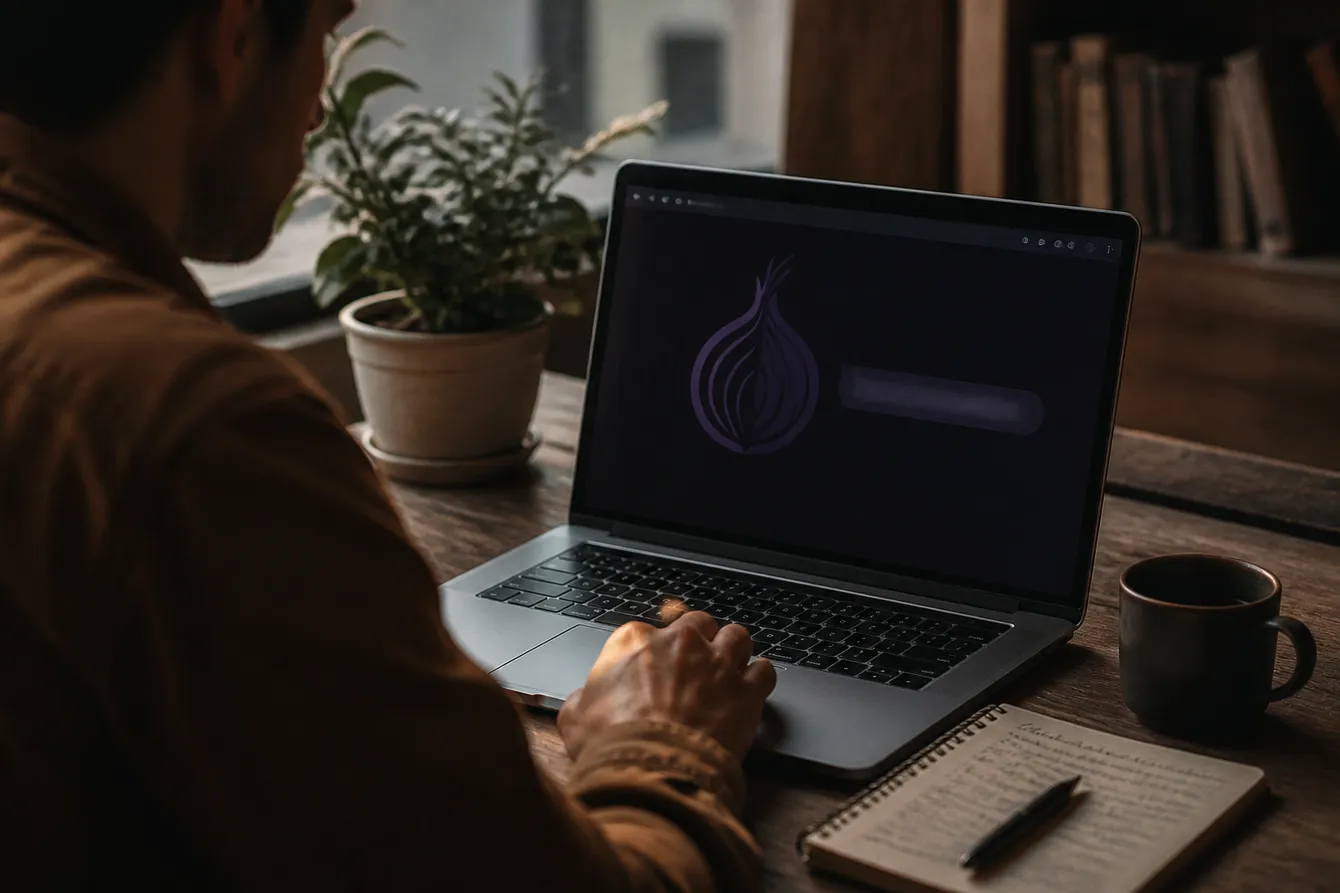 A person using a vintage laptop to browse Tor sites, highlighting safe navigation techniques.