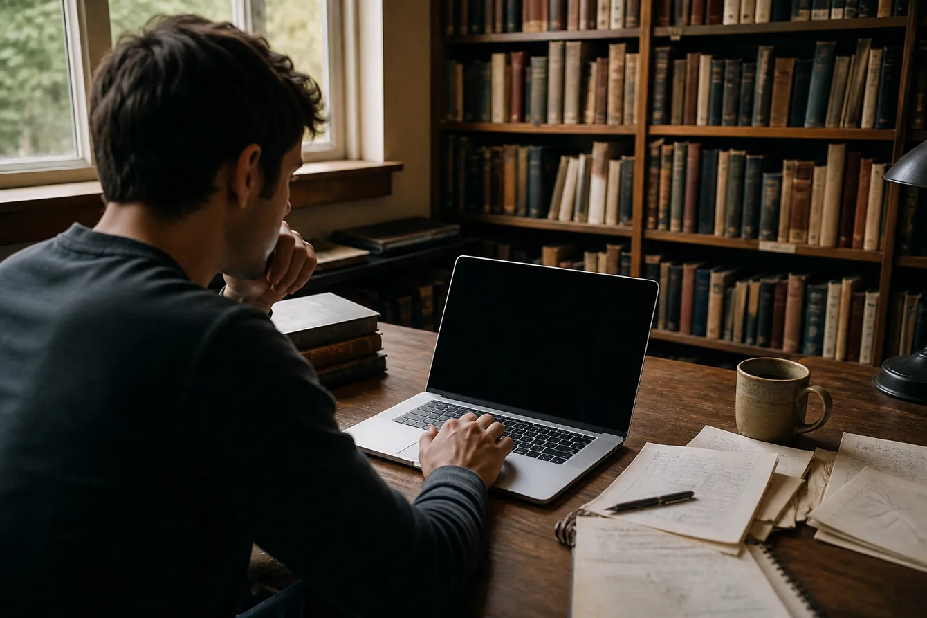 A person engaging with community-recommended Tor links on a laptop in a library setting.