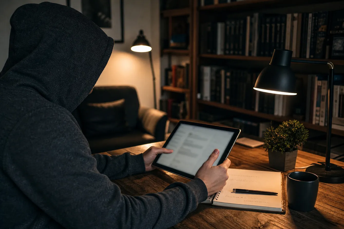 A person focused on researching .onion links in a cozy home office, highlighting safe browsing practices.