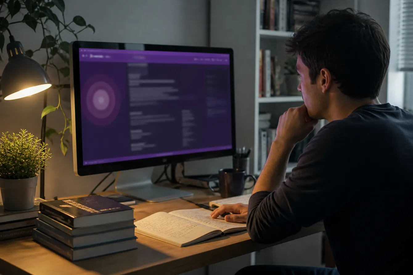 A researcher studying Tor onion URLs with books and notes in a cozy environment.