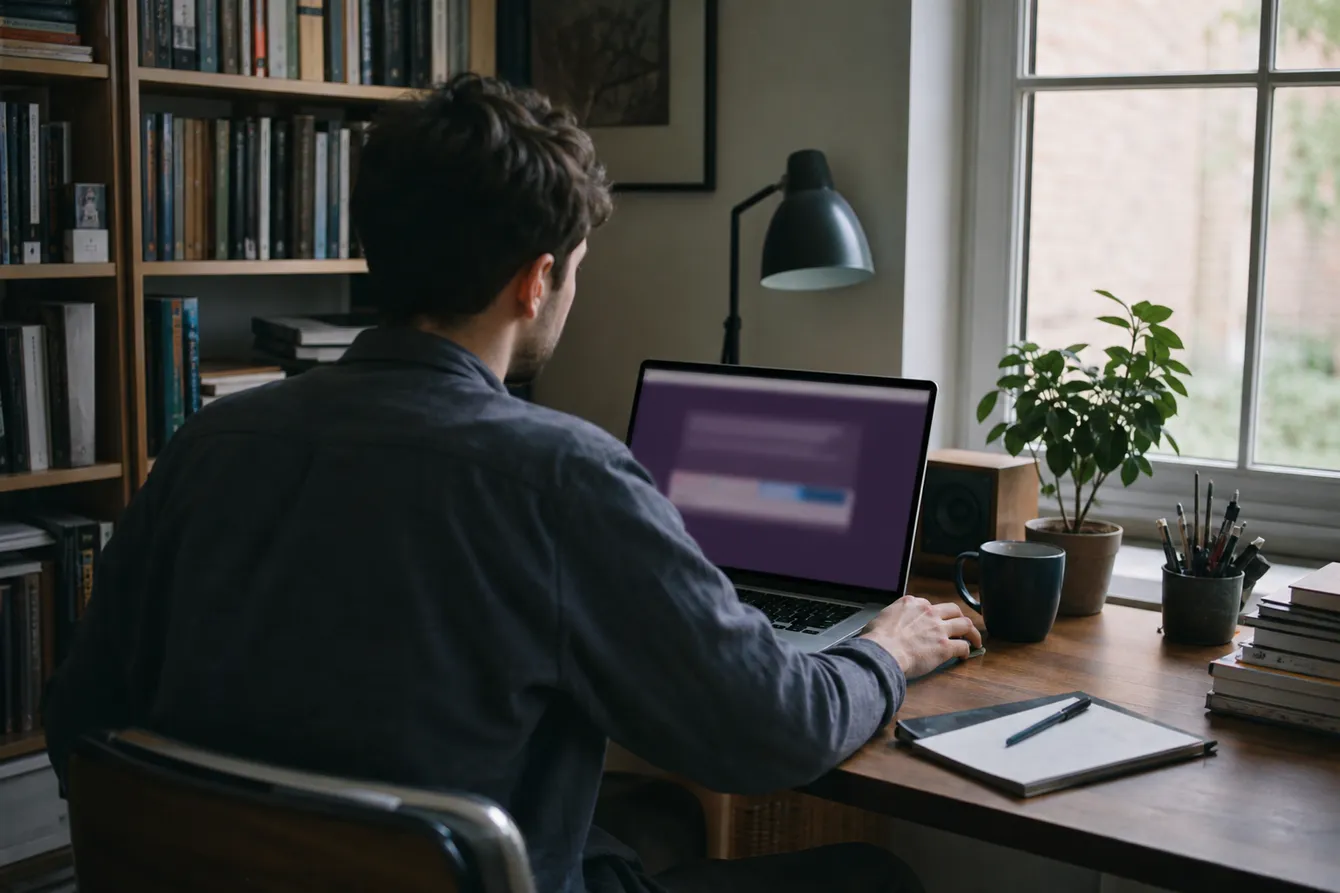 A person in a cozy home office downloading Tor Browser, illustrating safe access to .onion sites.