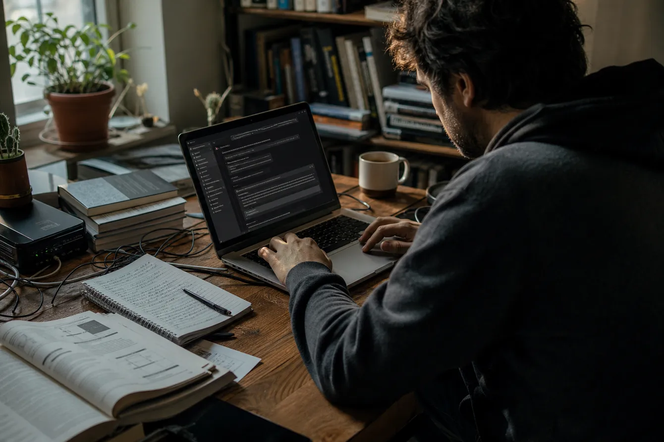 A person setting up a Tor onion service on a laptop amidst tech manuals and notes.