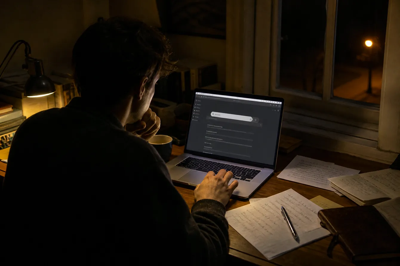 A person browsing the Torch dark web search engine on a laptop at a desk with papers and a coffee cup.