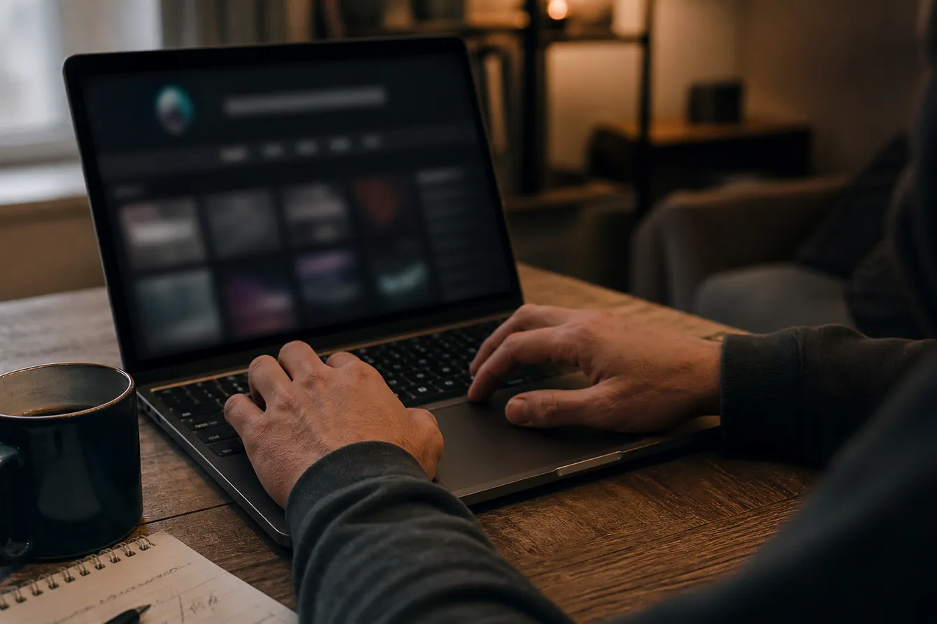 A person exploring the Torch search engine on a laptop in a cozy apartment, emphasizing safe dark web navigation.