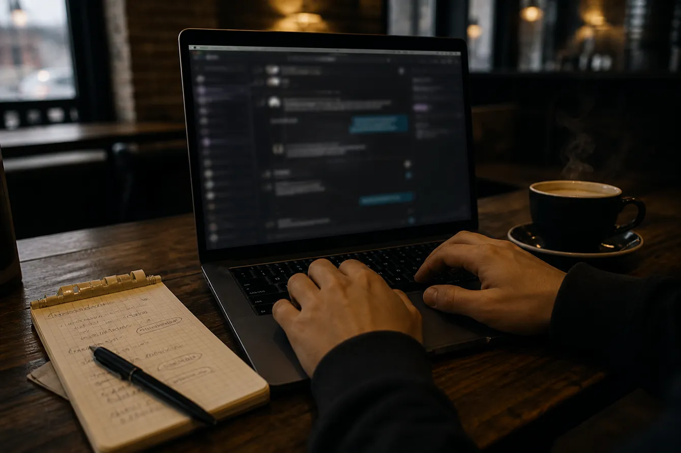 A person using a laptop in a café to access dark web chatrooms safely, surrounded by notes.