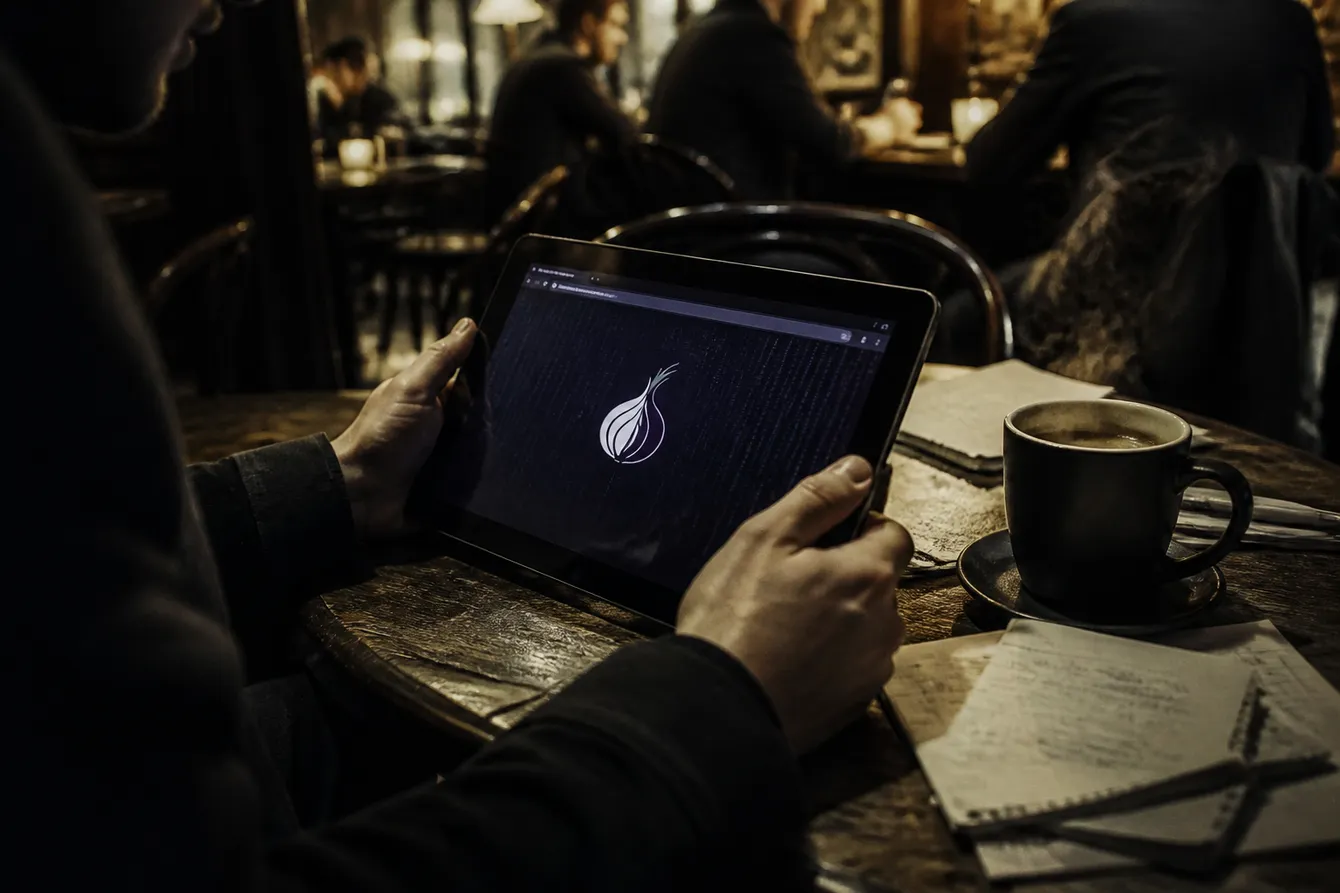 A person focused on navigating dark web resources using a tablet in a cozy café setting.