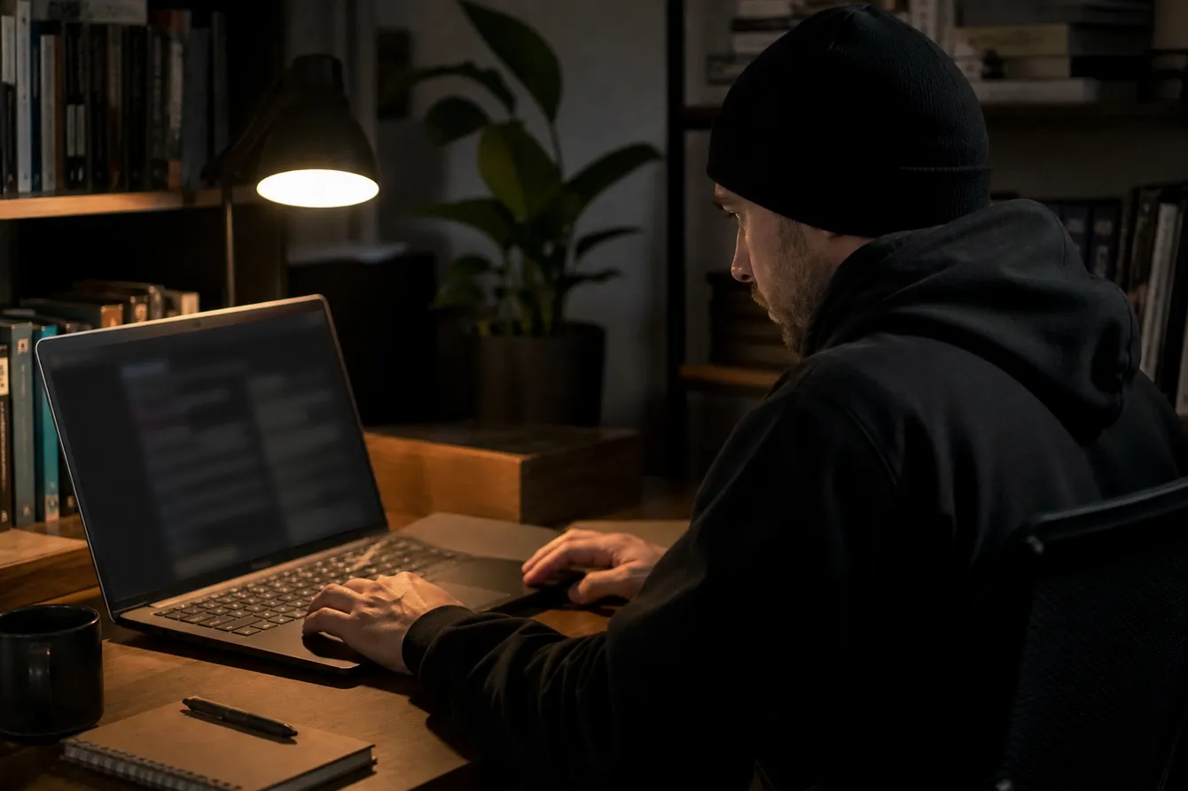 A person in a home office reviewing dark web search results on a laptop, illustrating safe navigation.